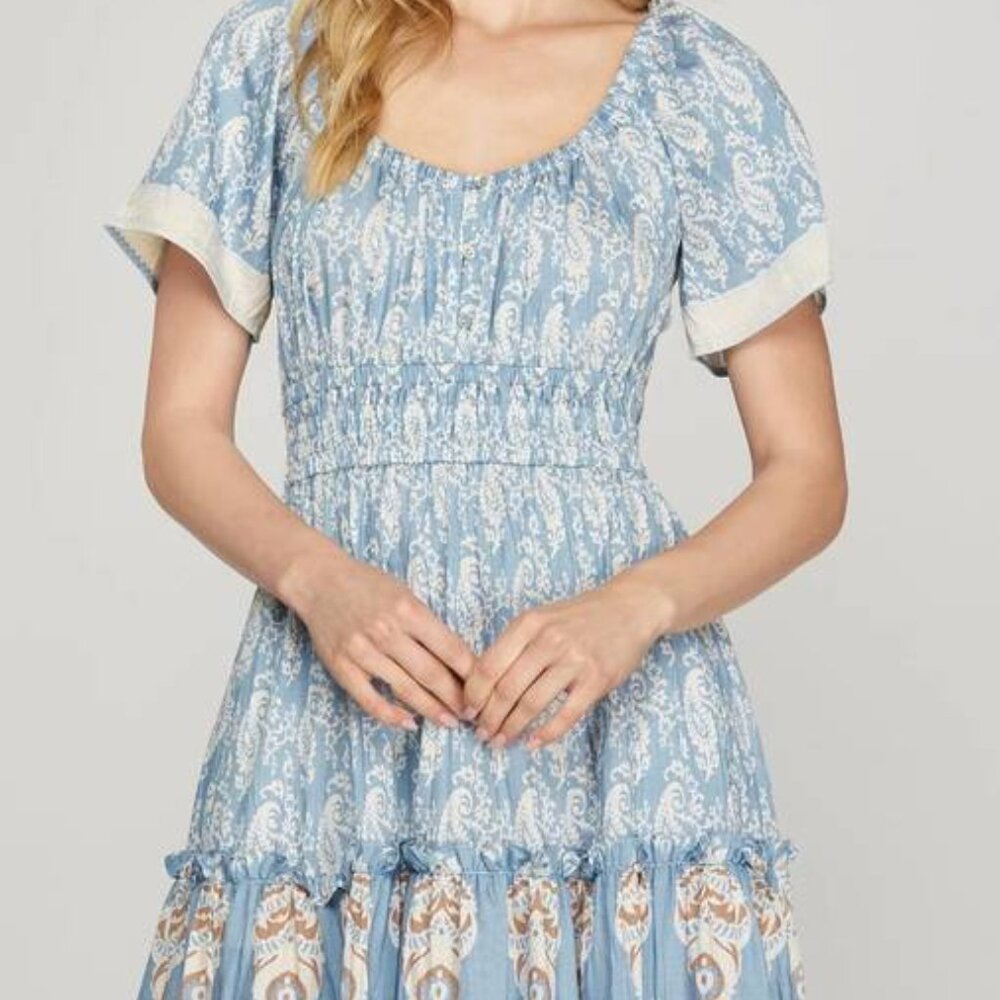 Bell Sleeve Border Print Woven Mini Dress
